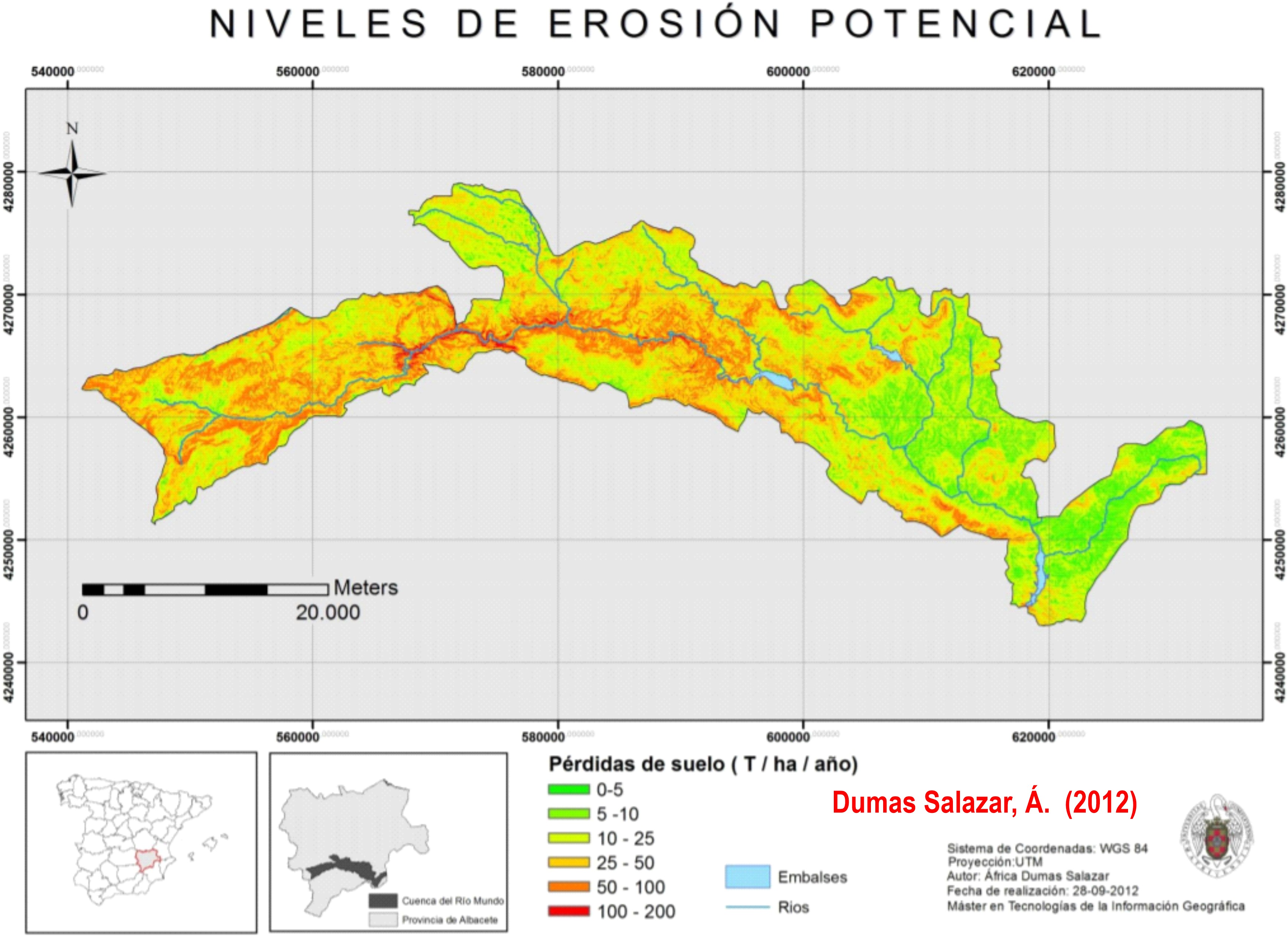 Riesgo de erosión hídrica en la Cuenca hidrográfica del río Mundo. Fuente: Dumas Salazar, Á. (2012). Trabajo Fin de Máster. https://eprints.ucm.es/17468/